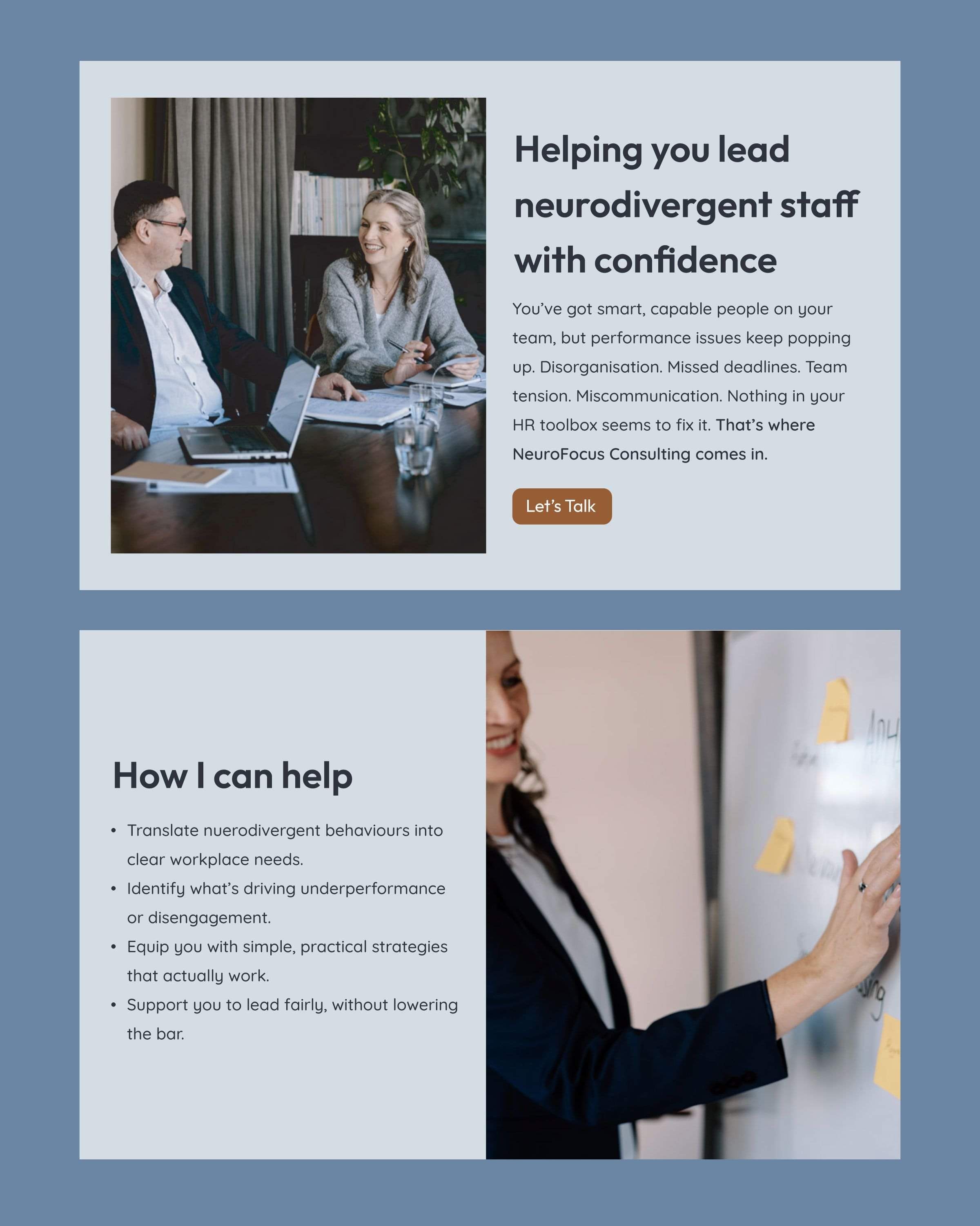 Image of website layout design for NeuroFocus Consulting in brand colours & fonts. Creative Box, Waikato, New Zealand.
