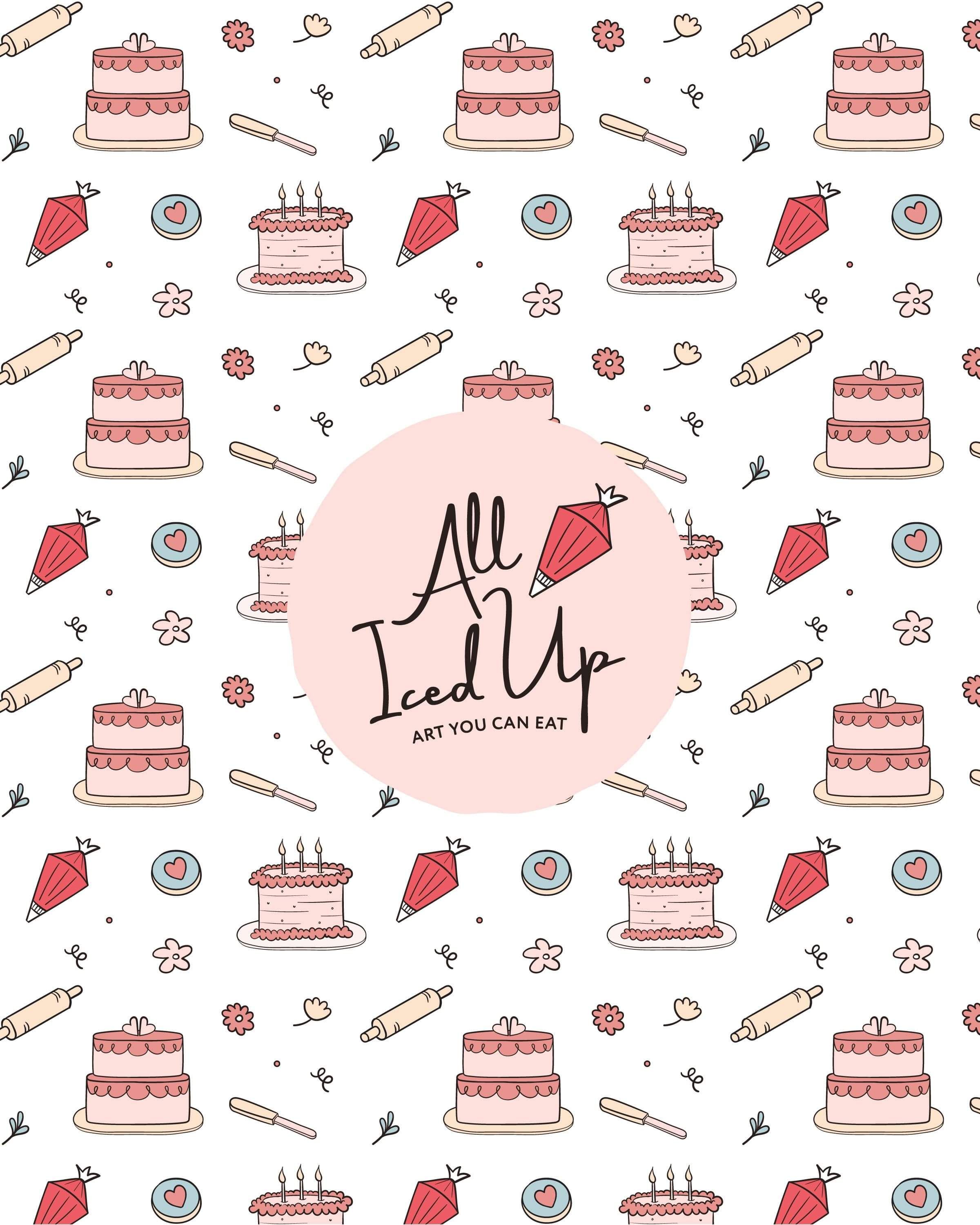 Image of logo and illustrated cake & cookie inspired brand pattern for All Iced Up. Creative Box, Waikato, New Zealand.