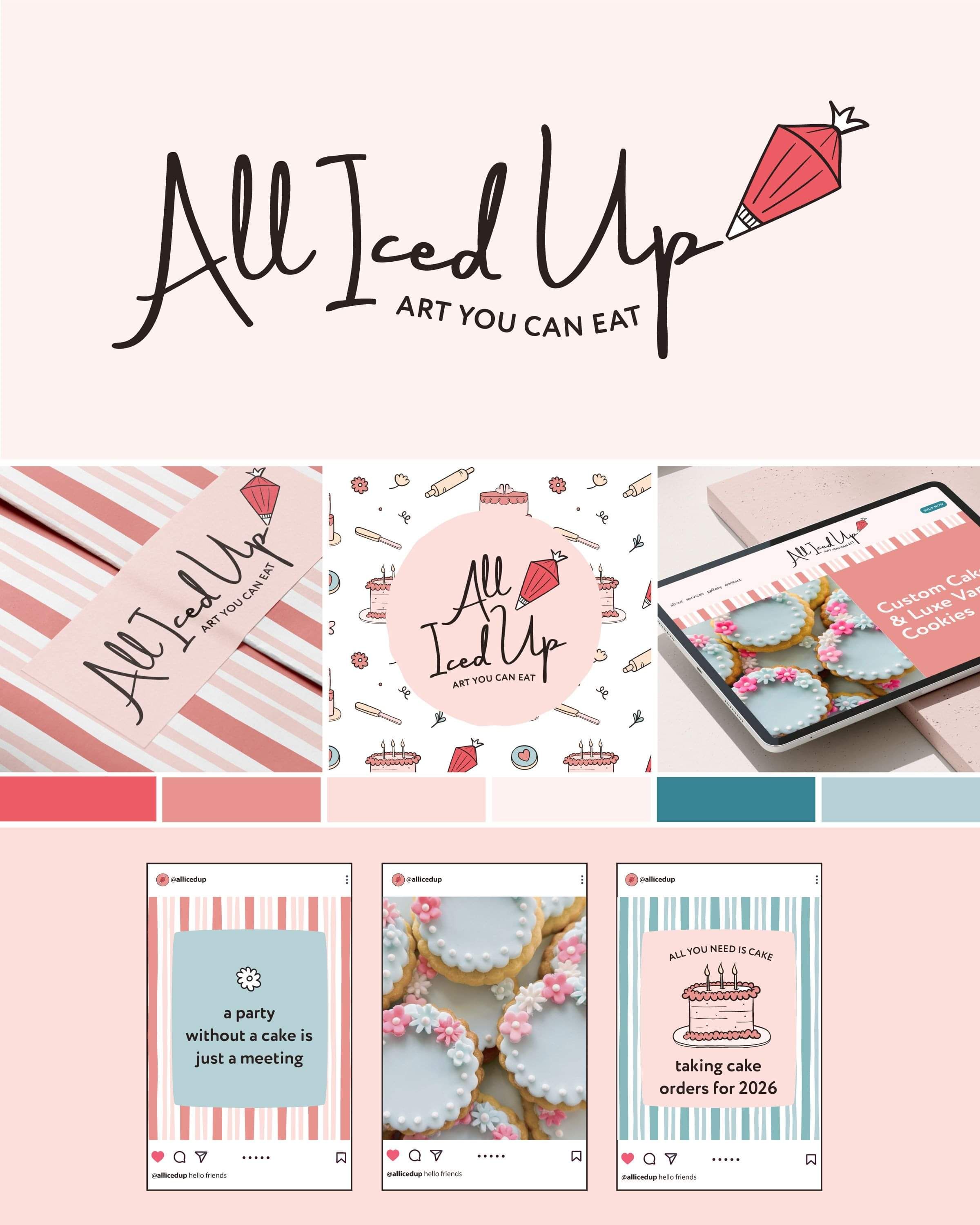 Image of the bright fun rebrand for All Iced Up's cake & cookie business. Creative Box, Waikato, New Zealand.