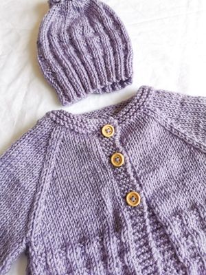 Hand Knitted Baby Jacket, Head Band and Hat Set Size 3-6 Months