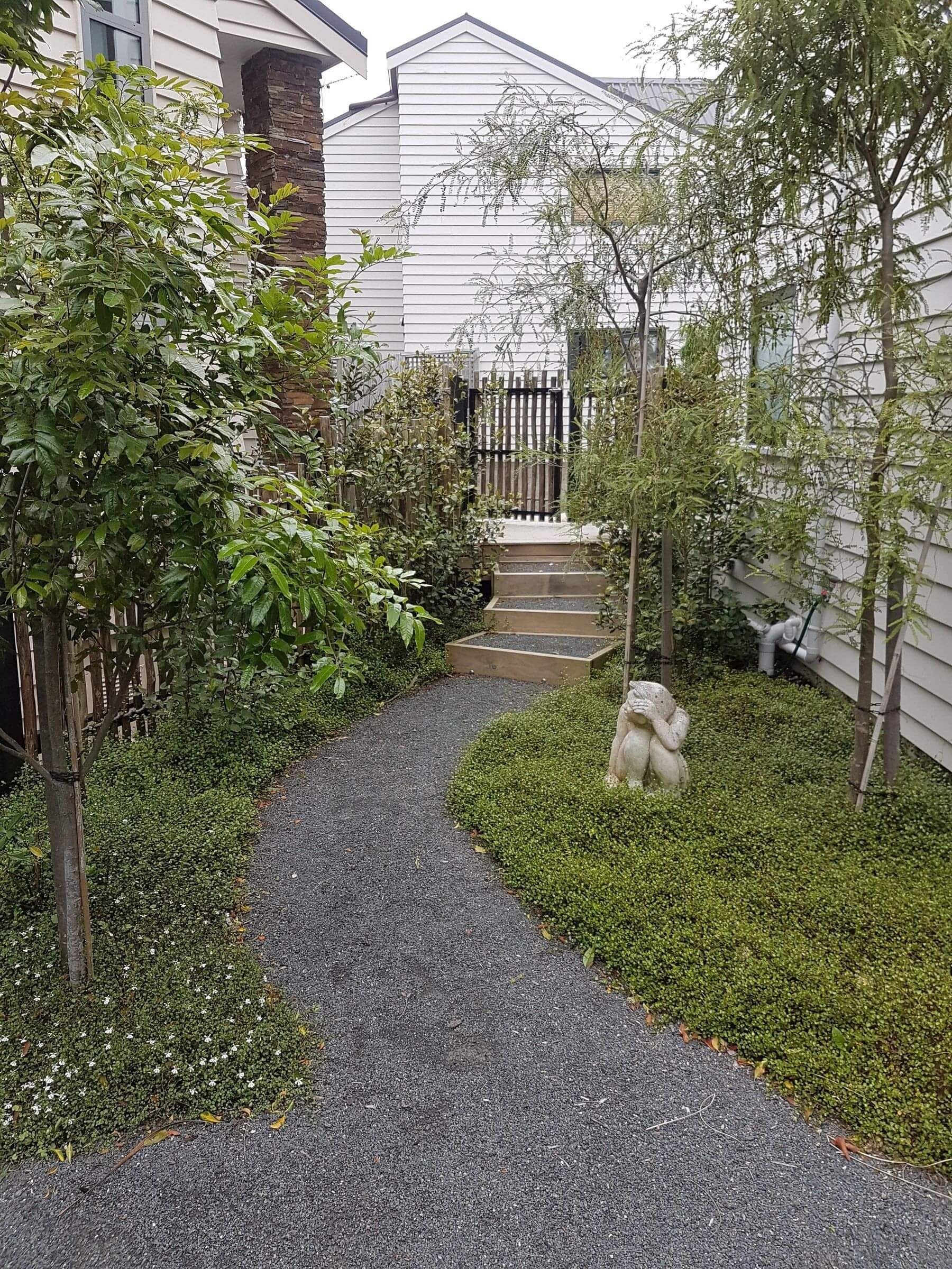 A small garden with a centralised fine gravel path and green planting to either side including several small green trees. At the end of the path are s