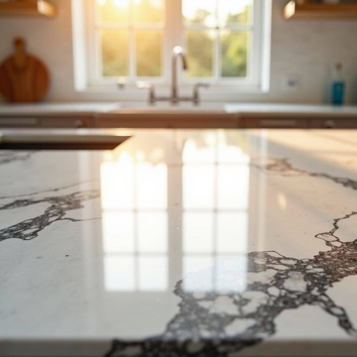 Polished marble kitchen benchtop after restoration showing restored shine and natural veining.