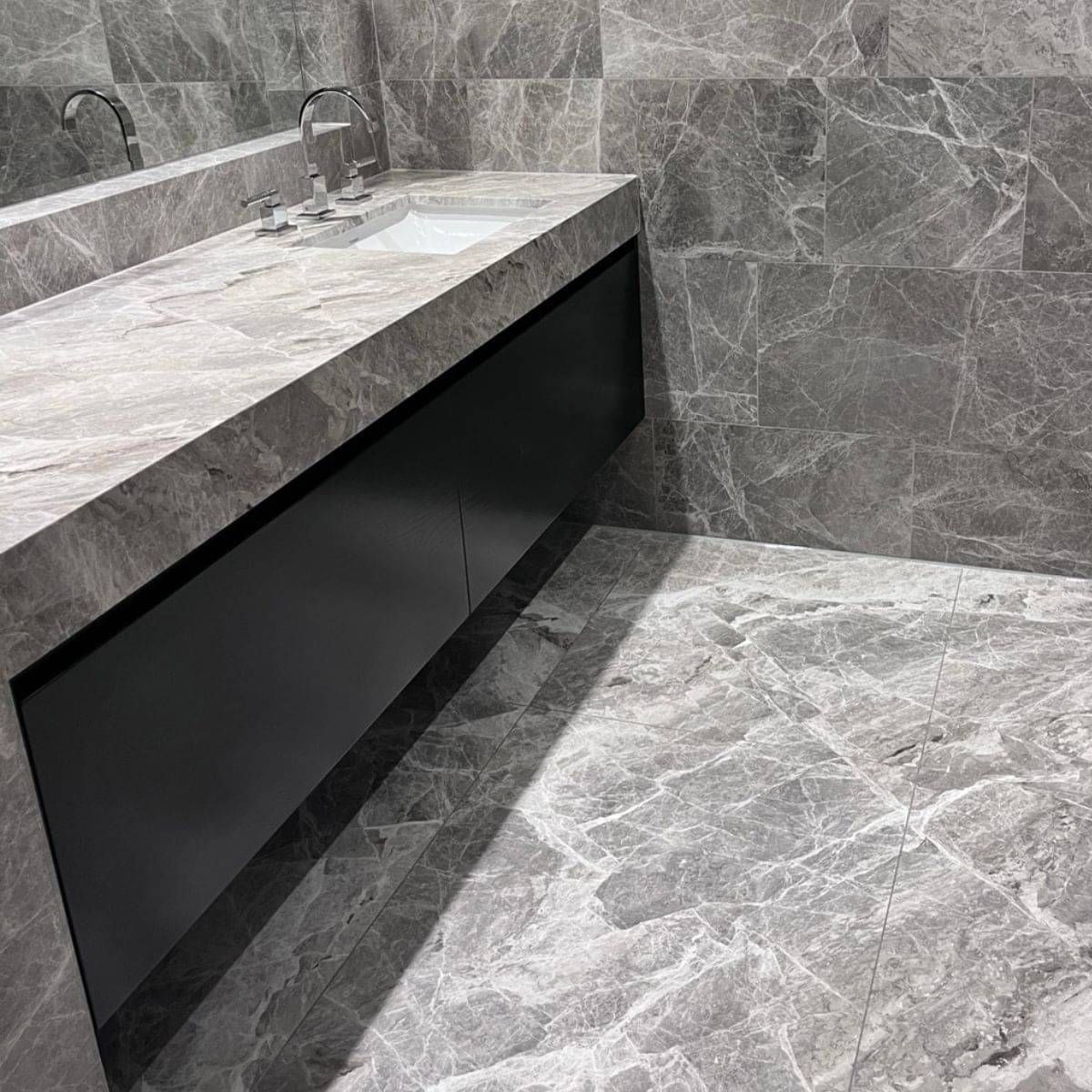 Grey marble bathroom vanity and bathroom stone restoration in Auckland.