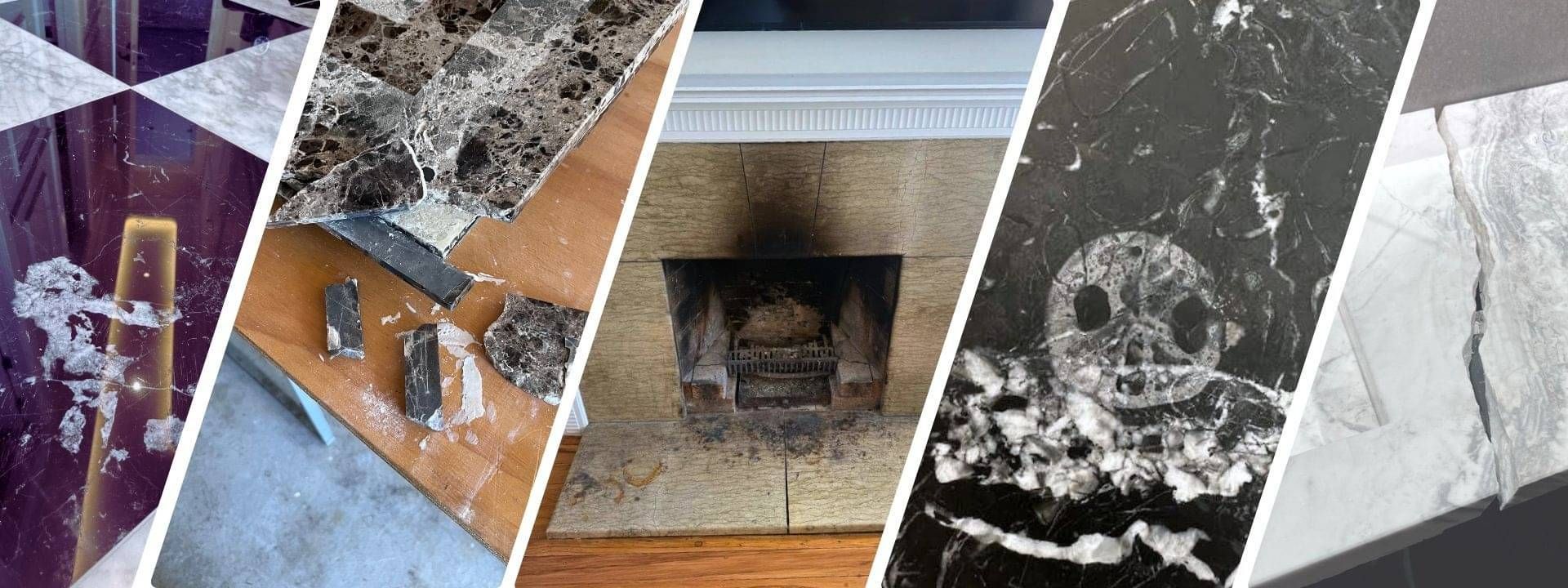 Collage of marble restoration before and after projects completed in Auckland.