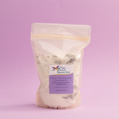 750g compostable bag of Natural Epsom Salt with Organic Lavender RELAXING AND CALMING