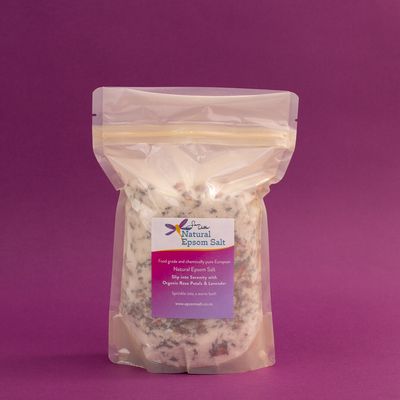 750g compostable bag of Natural Epsom Salt with Organic Rose Petal &amp; Lavender SLIP INTO SERENITY