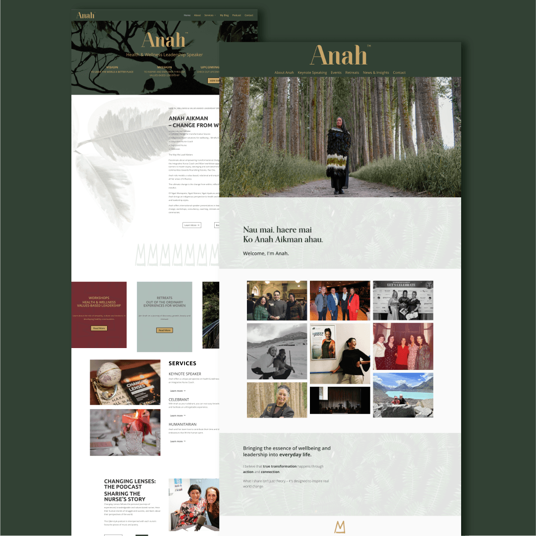 Anah Aikman website homepage redesign featuring forest photography and warm earthy brand palette — website design by Scooch Marketing NZ