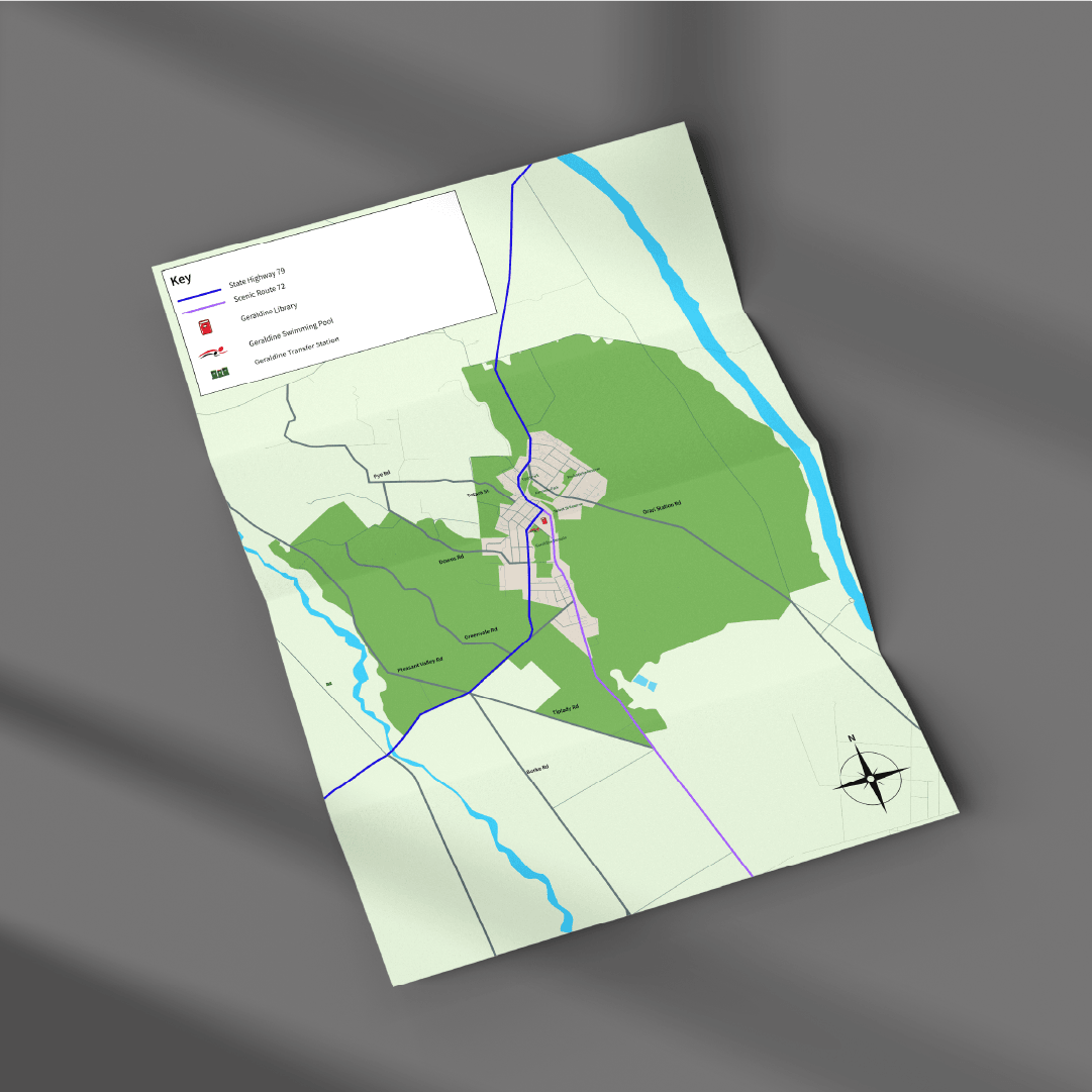 Custom graphic design district map for Timaru District Council showing roads, detours and key landmarks across the Timaru region — by Scooch Marketing