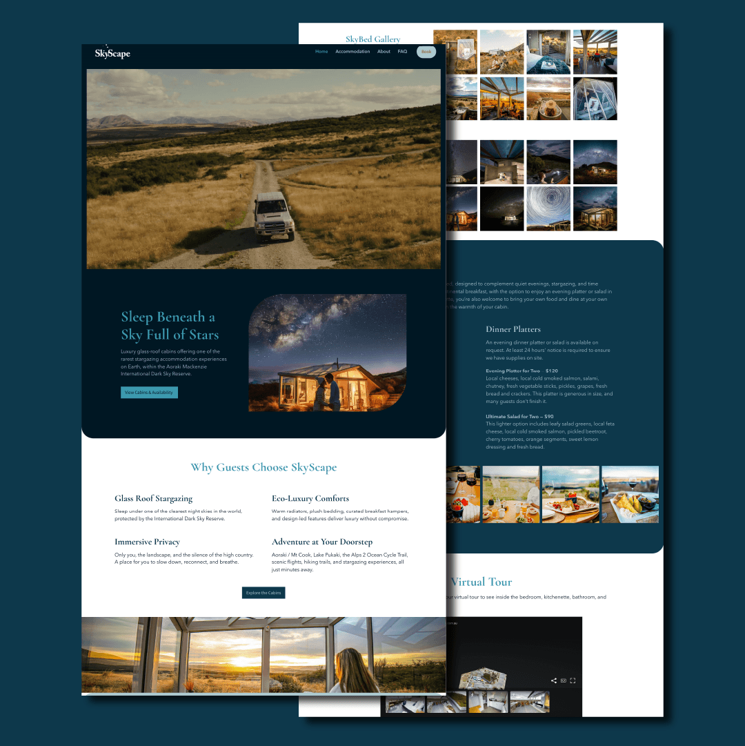 SkyScape NZ luxury retreat website design showing full page layout with stunning landscape photography — website design by Scooch Marketing