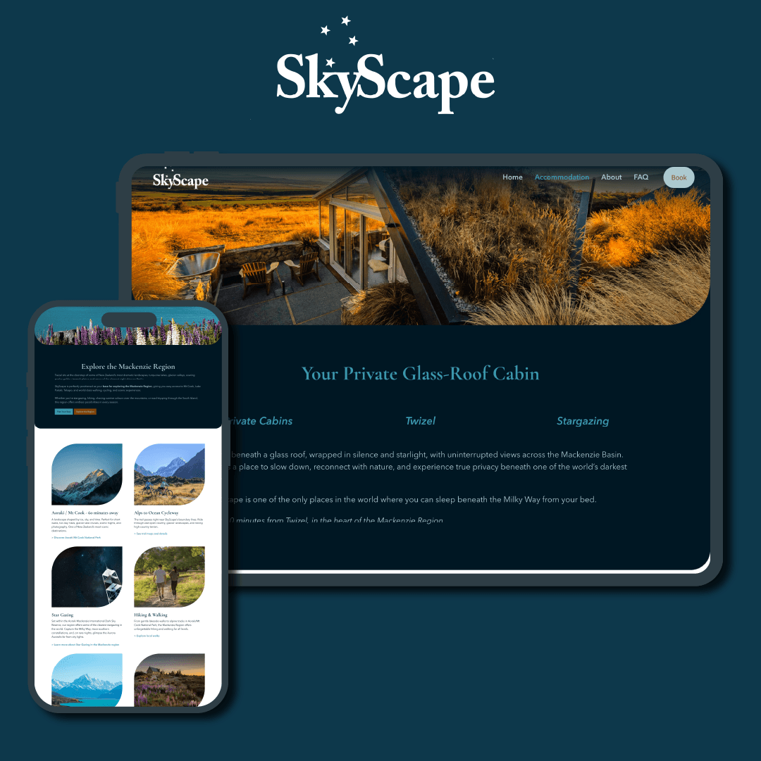 SkyScape NZ website displayed on tablet showing the glass-roof cabin booking page — responsive website design by Scooch Marketing Canterbury