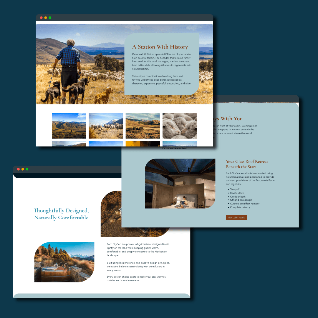 SkyScape NZ brand refresh displayed across desktop and mobile screens — luxury retreat website design and graphic design by Scooch Marketing