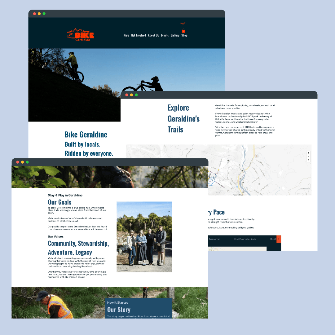 Bike Geraldine website redesign, logo design and brand collateral — website design and graphic design by Scooch Marketing Canterbury