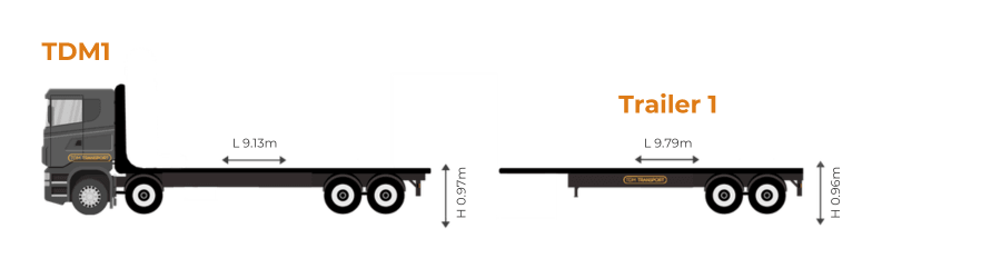 TDM Transport flat deck truck and trailer, TDM1, for oversize freight transport