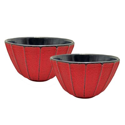 Teaology Cast Iron Cups Set - Ribbed Red/Black