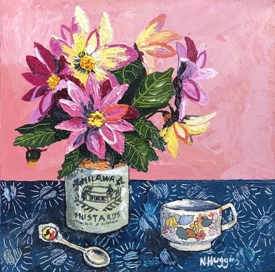 Dahlias and the mustard jar | Print | Narelle Huggins