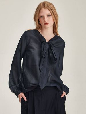 Caroline Sills Tie Neck Blouse - Navy