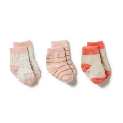 Organic 3 Pack Baby Socks - Silver Peony/Fog/Coral