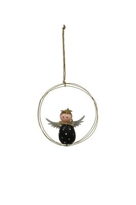 Hanging Black Wooden Angel in Wreath