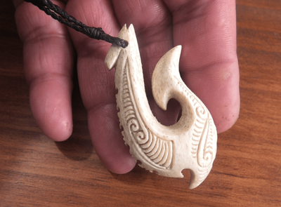 Whale bone carving Hei Matau (fish hook) necklace