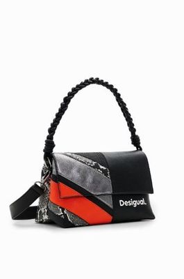 Desigual Half Black, Half Orange/Snake Print Crossbody Bag With Braided Short Handle