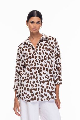 Blak Defiant Shirt - Ivory w Chocolate Leopard Print