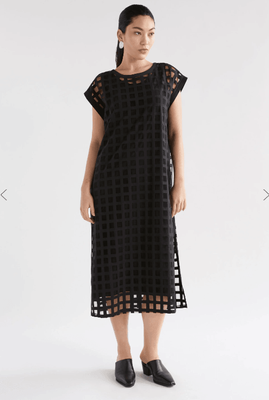 Elk Grid Burnout Midi Dress - Black