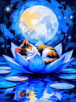 DP9313 - Moonlit Cat on Lotus Flower
