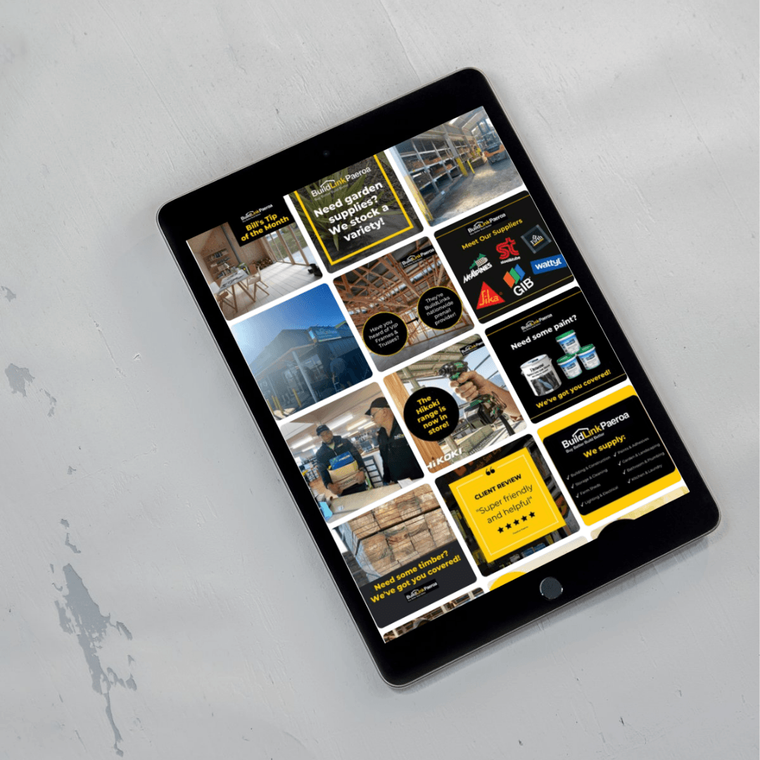 Tablet mockup showing the BuildLink Paeroa Facebook feed with social media content by Shadow Administration
