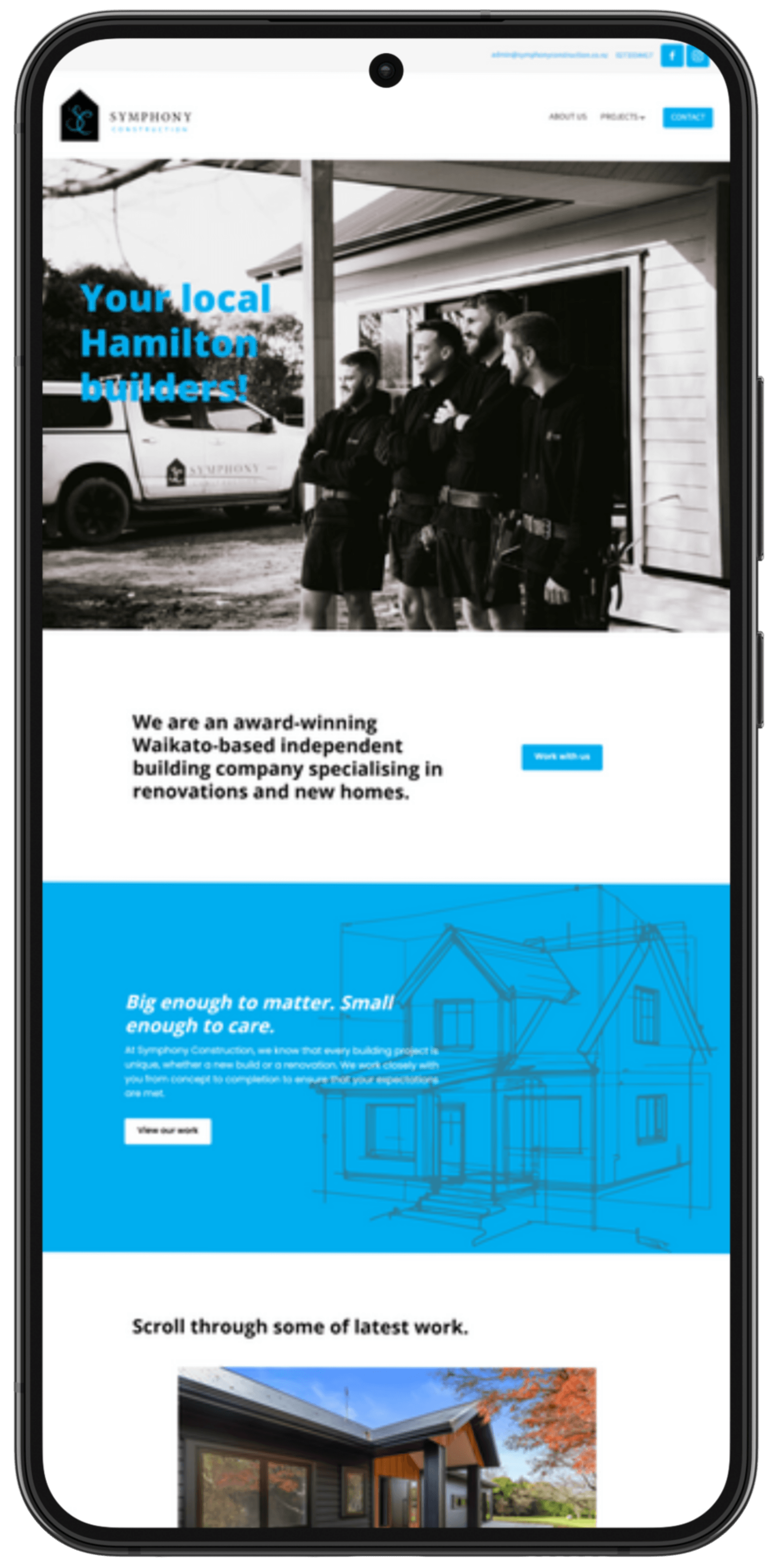 Phone mockup showing the home page of the Symphony Construction website designed by Shadow Administration