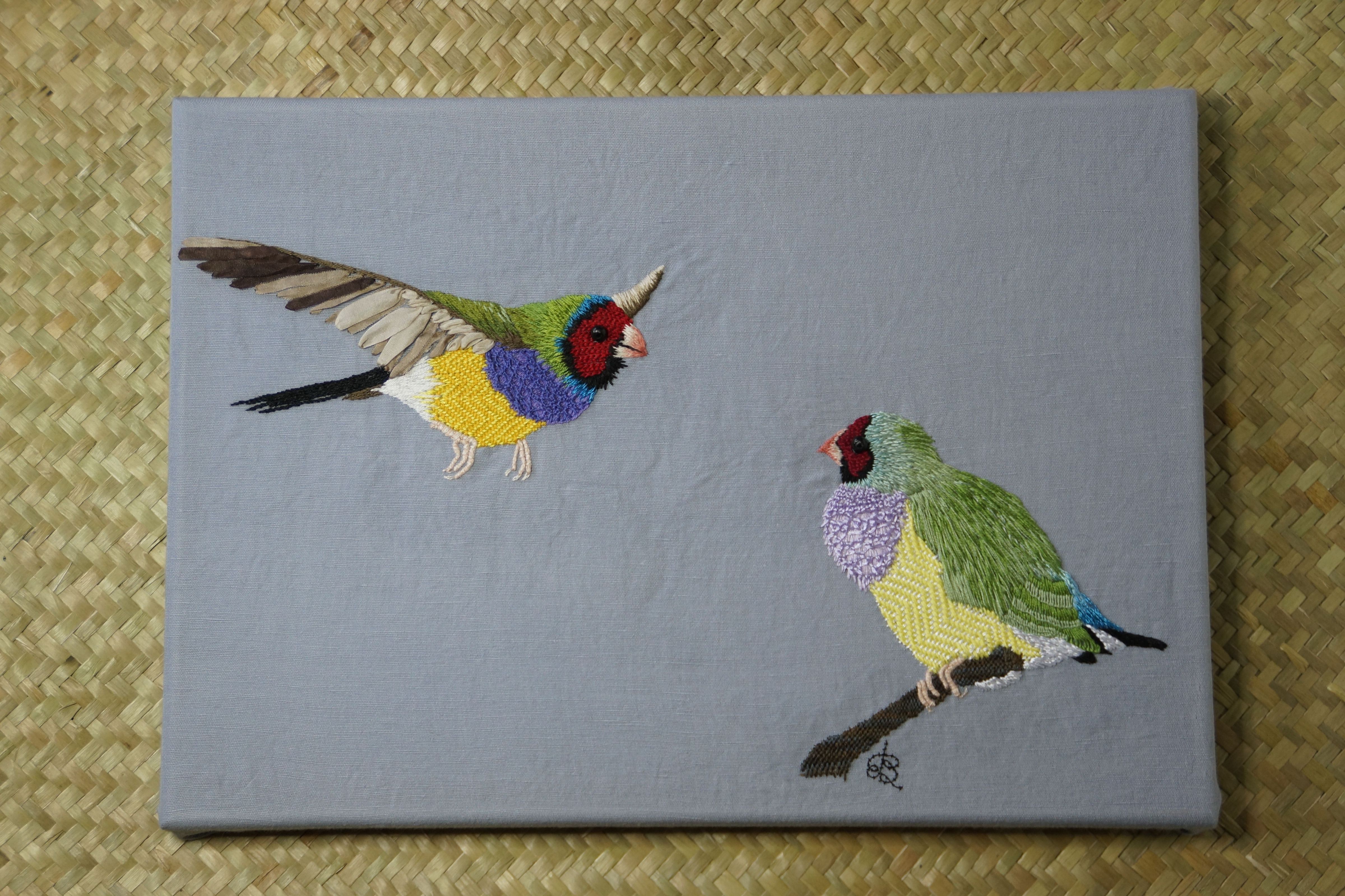 &lsquo;Mr. and Mrs. Gouldian Finch&rsquo; Original Embroidery