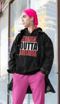 Red Straight Outta Aotearoa Black Womans Hoodie