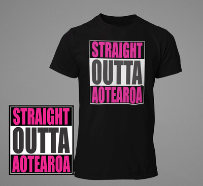 Pink Straight Outta Aotearoa Black T-Shirt