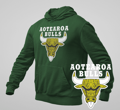 Yellow Aotearoa Bulls on Green Hoodie