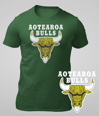 Yellow Aotearoa Bulls on Green T-Shirt