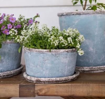 sea blue wide planter &amp; saucer sm