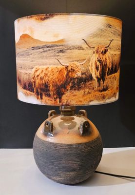 Highland Cow Table Lamp with Custom-Made Lampshade &amp; Pottery Base
