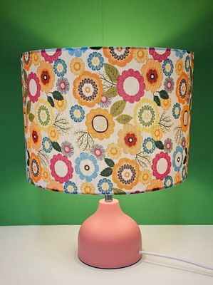 Pink Table Lamp with Colourful Retro Floral Lampshade &ndash; 45cm High