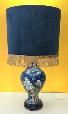 Blue Japanese Cloisonn&eacute; Lamp with Velvet Shade