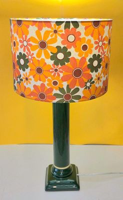 Green Ceramic Lamp with Retro Orange Floral Shade