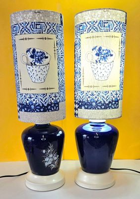 Pair of Blue Ceramic Table Lamps with Blue &amp; White Teacup Print Shades