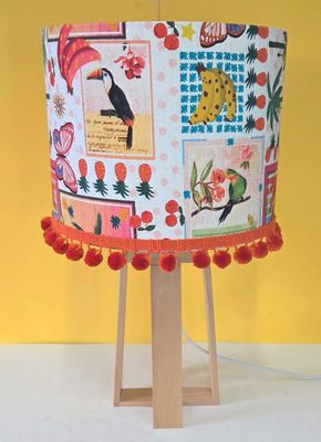 Tropical Birds &amp; Botanicals Lampshade with Pom‑Pom Trim &mdash; Various Sizes