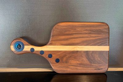 woodspark American Black Walnut Charcuterie Board with accented Blue Glass and Maple Wood