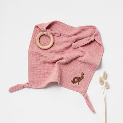 Embroidered Lovey with Teether Shell - Pink