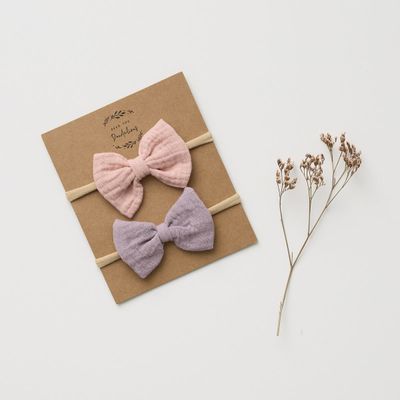 Organic Muslin Bow Headband set of 2 - Lilac + Blush