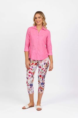 Plain Button Up Shirt with Rib Panels - Flamingo