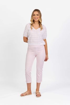 Printed Slim Leg 7/8 Length Lightweight Pull On - Pink Gingham