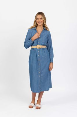 Long Sleeve Shirt Dress with Sleeve Tab and Belt - Blue Wash