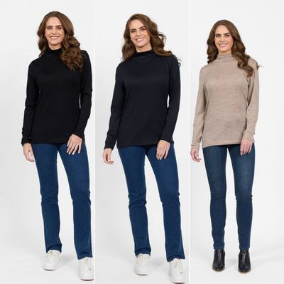 100% Merino Basic Long Sleeve Polo Neck Top