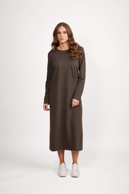 Long Sleeve Knit Dress with Tie Back and Contrast Stitch Detail - Moss/Cream