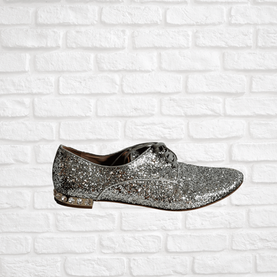 Miu Miu Silver Glitter Derby Shoes